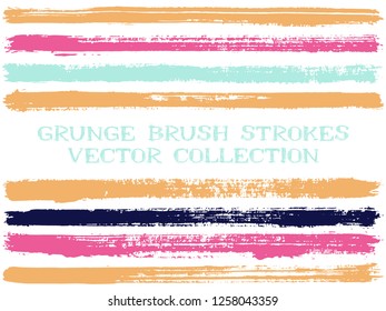 Pink orange brush strokes isolated design elements. Set of paint lines. Grungy stripes, textured paintbrush stroke shapes. Collection of ink brushes, stripes isolated on white, vector paint samples.