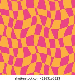 Pink and orange checkerboard seamless pattern. Retro groovy waves. Geometry. Y2K 90s 00s psychedelic texture for textile, paper, fabric. Twisted check vector. Simple abstract hypnotic surface 