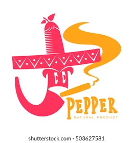 pink and orange of chili pepper vector logo illustration, isolated on white background. Hot and spice chili pepper logo, mexican cuisine, sombrero and cigar