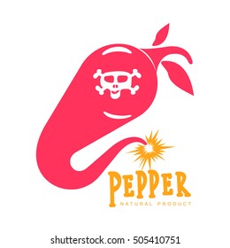 pink and orange of chili pepper vector logo illustration, isolated on white background. Hot and spice chili pepper logo, skull and bones, mexican cuisine, sombrero and cigar