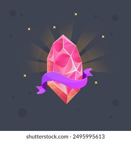 Pink Orange Crystal Gem Magic Esoteric Game Icon  Badge With Stars And Ribbon Isolated Vector Design