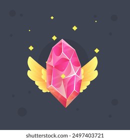 Pink Orange Crystal Gem Magic Esoteric Game Twitch Kawaii Icon Badge With Sparkles Stars And Fairy Wings Isolated Vector Design