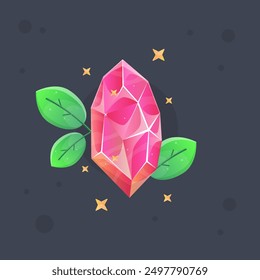 Rosa Orange Kristall Gem Magic Esoteric Spiel Symbol mit grünen Zweigen und Sternen isoliert Vektordesign