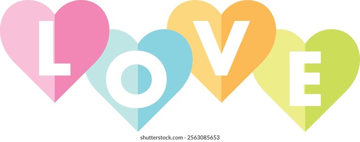 pink orange cyan and lime green heart shape with word love white color isolated on white background.