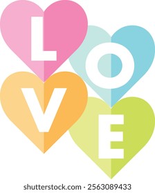 pink orange cyan and lime green heart shape with word love white color isolated on white background.