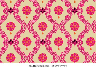 Pink and orange floral damask pattern on a beige background, for textile, wallpaper, gift wrapping.