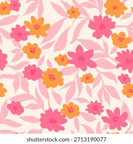 Pink Orange Floral Leaf Pattern with Stencil Style Shapes