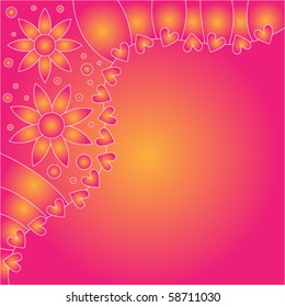 Pink and orange floral vector background with hearts
