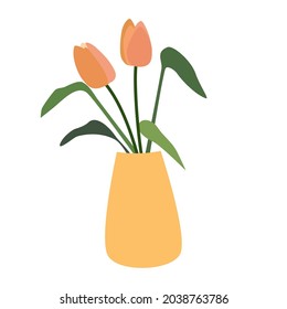 Pink orange flower and green leaf in
vase. Beautiful flowers with colorful petals in yellow vase. Vector illustration.