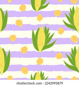 pink and orange flowers seamless abstract feminine vector pattern. Corn and kernels on purple stripes seamless vector surface repeat pattern. Suitable for fabric, textile, tiles, decorations and more.