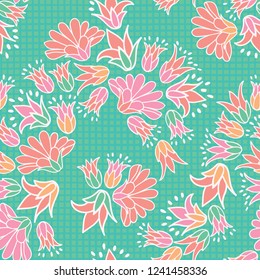 Pink Orange Flowers Seamless Vector Repeat Pattern Background