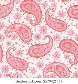 Pink And Orange folk style Paisley Beautiful Allover Pattern hand drawn seamless vector