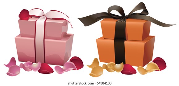 Pink and orange gift boxes with ribbon bow and roses petals