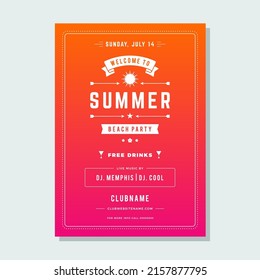 Pink orange gradient summer beach party poster disco event announcement with place for text vector illustration. Nightclub discotheque ad with festive ribbon sun and arrows decorative design