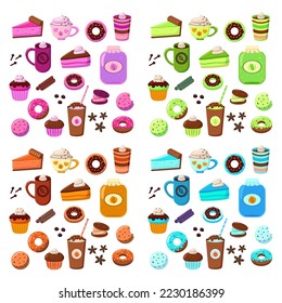 Pink, orange, green, blue colored food vector illustrations set. Collection of cartoon drawings of drinks, snacks of different colors isolated on white background. Desserts, autumn, coziness concept