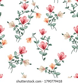 pink orange and grey vector flowers leaves bunches pattern of white