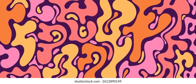 Pink and Orange Groovy Abstract Background with Blobby Organic Shapes. Multicolored retro design with soft curves, fluid motion, and 70s aesthetic. Perfect for posters, music flyers, cards, print, web