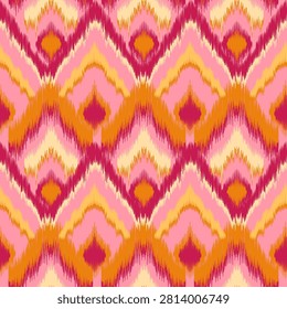 Pink and orange Ikat seamless pattern vector background. Traditional ethnic geometric diamond chevron ornament for textile, fabric, wallpaper, wrapping and fashion apparel design.