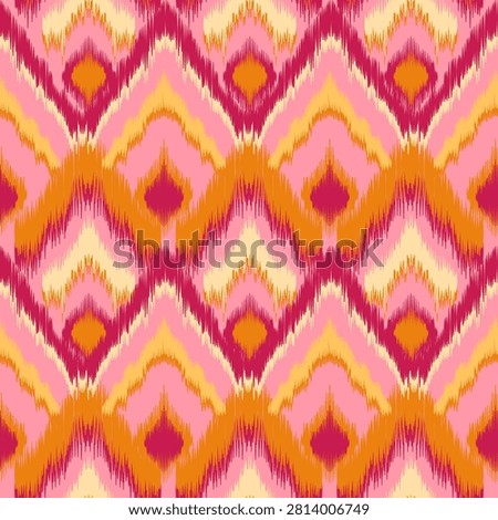 Pink and orange Ikat seamless pattern vector background. Traditional ethnic geometric diamond chevron ornament for textile, fabric, wallpaper, wrapping and fashion apparel design.