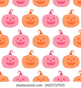 Pink and Orange Jack o Lanterns Vector Seamless Pattern