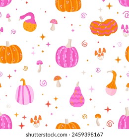 Patrón sin fisuras de Halloween mágico rosa y naranja con calabazas, hongos y estrellas. Ilustración vectorial