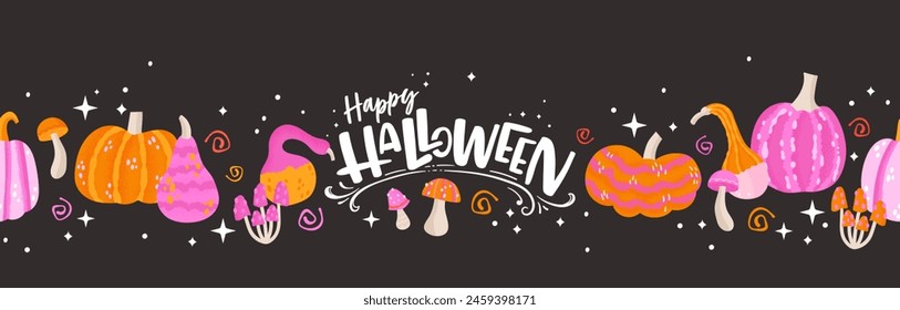 Pink and orange magic halloween seamless pattern with pumpkins, mushrooms and stars. Vector illustration