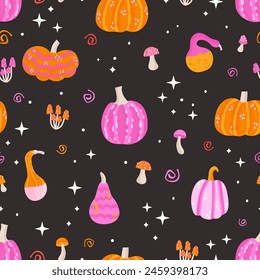 Pink and orange magic halloween seamless pattern with pumpkins, mushrooms and stars. Vector illustration