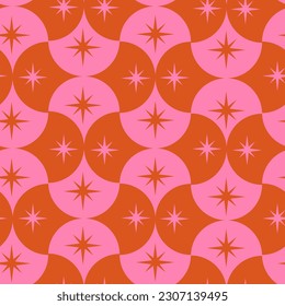 Pink and orange mid century starbursts on scallop  geometric shapes seamless pattern. For fabric, wallpaper, home decor  svg