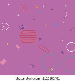 Pink Orange Purple Violet Green Rectangle Blue Hipster Background. Simple Zigzag Colorful Hearts Pastel Yellow Oval Illustration. Red Lime Polygonal Bright Wave Stars Square Geometrical Design.