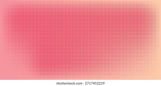 Cor-de-rosa laranja vermelho polca pontos gradiente fundo de meio-tom. Pop art desenho animado ponto textura com design gráfico cômico, parede de padrão abstrata horizontal. vetor moderno