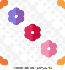 Pink, orange, red and purple flowers on a white background of circles. Seamless pattern. Decorative floral ornament. Can be used for wallpaper, textile, invitation card, wrapping, web page background.