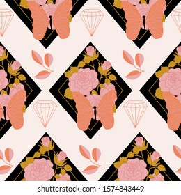 Pink and orange roses and butterflies in a seamless pattern design, perfect to use on the web or in print