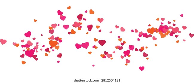 Pink and orange scattered hearts flowing in a dynamic wave isolated on white background