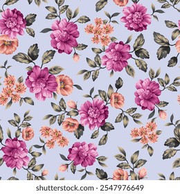 pink and orange seamless vector stock flowers with grey leaves pattern on violet background