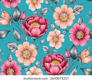 pink and orange seamless vector stock flowers with grey leaves pattern on blue background