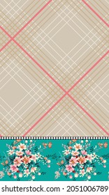pink and orange vector flowers with green leaves border pattern on seamless pink and cream stripe background