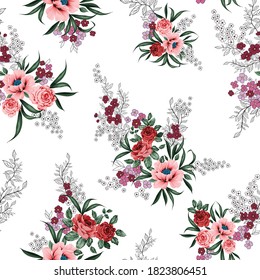 pink and orange vector flowers with leaves pattern of white