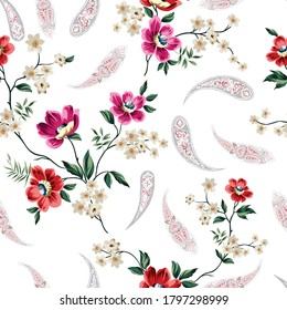 pink and orange vector flowers with seamless paisley pattern of white