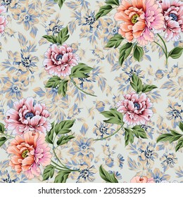 pink and orange vector stock flowers green leaf bunches pattern on seamless flowers background