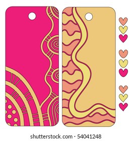 Pink and orange vector tags and hearts over white background