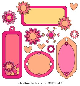 Pink and orange vector tags, labels, flowers and hearts