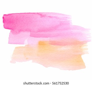 Pink orange watercolor hand drawn vector isolated stain on white background. Abstract aquarelle brush paint paper texture grunge bright color element for text design, blank, wallpaper