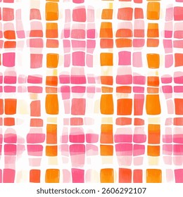 Pink and orange watercolor mosaic pattern on a white background, grunge lines ikat pattern, striped seamless pattern, Vector illustration background for print the paper.