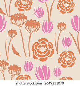 Pink and orange wildflower floral pattern on cream background seamless pattern for fabric, textiles, clothing, wallpaper, cover, banner, home decor, florals backgrounds