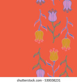 Pink, orange and yellow vector tulips petals. Vertical sketch. Ditsy flowers.