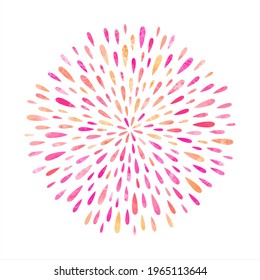 Pink, Orange, Yellow Watercolor Drops Circle Shape, Round Festive Abstract Background. Radial Decoration Made Of Uneven Watercolour Droplets, Paint Splashes, Spray, Splatter. Text Frame Template.