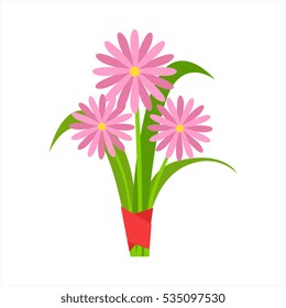 Pink Orangery Camomile Flower Bouquet Tied With Red Ribbon, Flower Shop Decorative Plants Assortment Item Cartoon Vector Illustration