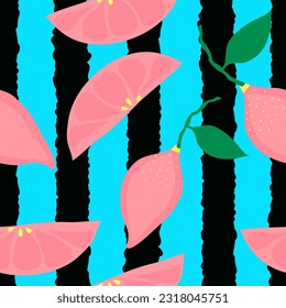 pink oranges and slices with abstract black stripes seamless vector repeat pattern. Suitable for fabric, textile, decoration, tiles, clothes, packaging, printing and more.