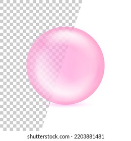 Pink orb isolated on transparent background. Glass circle with shadow. Big realistic soap bubble pink color. Round sphere for concept cleaning. Abstract bead for design print. Vector illustration