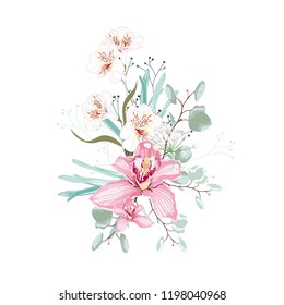 Pink orchid, alstroemeria, herbs, eucalyptus and greenery bouquet. Wedding flowers for invitation card design. Vector isolated and editable. Boho rustic style.